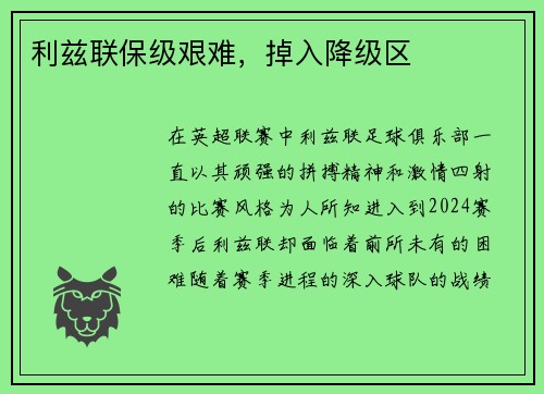 利兹联保级艰难，掉入降级区