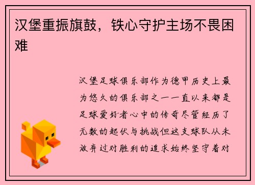 汉堡重振旗鼓，铁心守护主场不畏困难