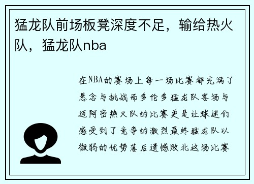 猛龙队前场板凳深度不足，输给热火队，猛龙队nba