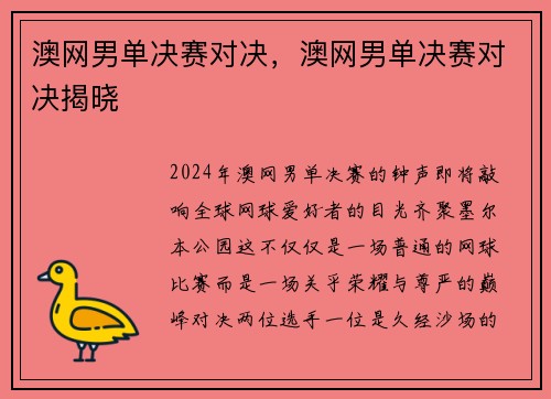 澳网男单决赛对决，澳网男单决赛对决揭晓