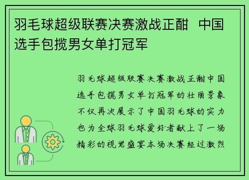 羽毛球超级联赛决赛激战正酣  中国选手包揽男女单打冠军