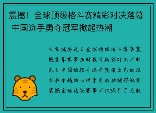 震撼！全球顶级格斗赛精彩对决落幕 中国选手勇夺冠军掀起热潮