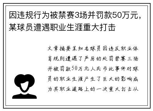 因违规行为被禁赛3场并罚款50万元，某球员遭遇职业生涯重大打击